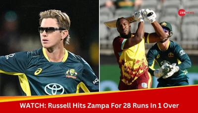 WATCH: 6,0,4,6,6,6...Andre Russell Hits 28 Runs In One Over Of Adam Zampa During Australia vs West Indies 3rd T20I