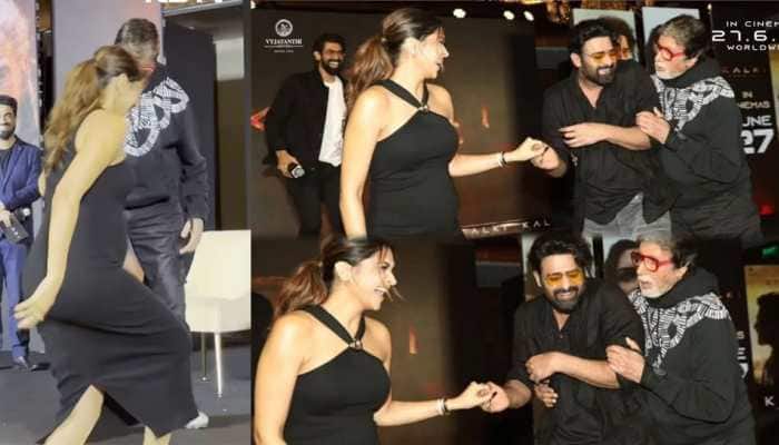 Deepika Padukone Flaunts Her Baby Bump In Black Bodycon, Amitabh Bachchan Helps Preggers Star At Kalki 2898 AD Event