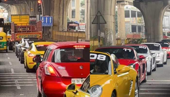 Red Swift Amidst Lane Of Porsches In Bengaluru Traffic Surprises Riders, Watch Viral Video