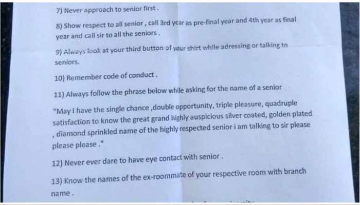 College Ragging? &#039;No Eye Contact, Address Seniors as Sir&#039;: Shocking &#039;Code of Conduct&#039; Sparks Outrage Among Freshers&quot;