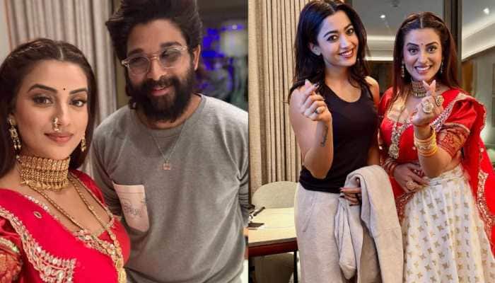 Pushpa 2 Trailer Launch: Akshara Singh Poses With Allu Arjun And Rashmika 