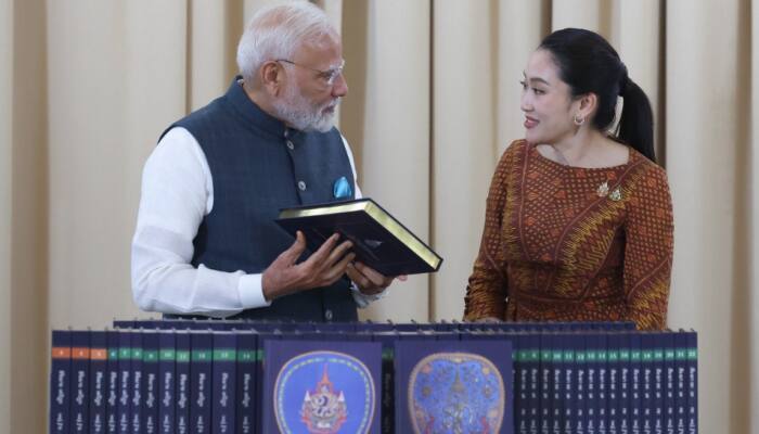 PM Modi Presented With 80-Volume World Tipitaka Phonetic Recitation By Thai Counterpart