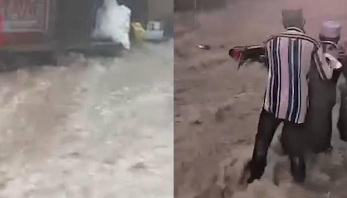 Man Carried Away By Floodwaters In Ajmer, Rajasthan; Vehicles Swept Along in Powerful Currents | VIDEOS