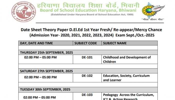 Haryana D.El.ED Exam 2025 Timetable Released At bseh.org.in- Check Direct To Download Schedule