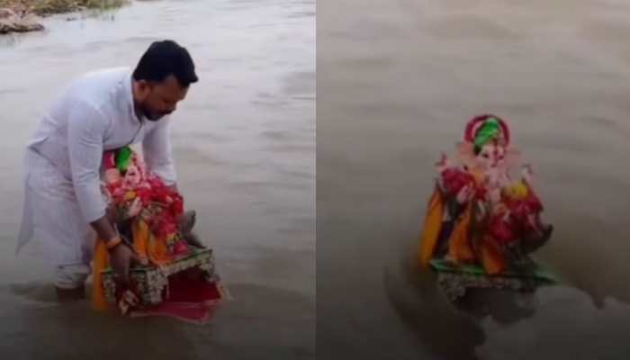 Ganesh Idol Stands Upright During Visarjan; Netizens React: 'Bappa Don’t Want To Go' | Watch
