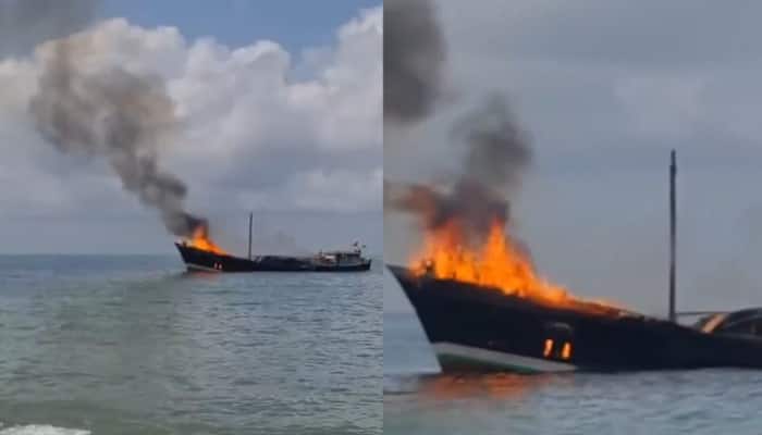 Caught On Camera: Ship Headed To Somalia Loaded With Rice, Sugar Catches Fire At Gujarat Jetty