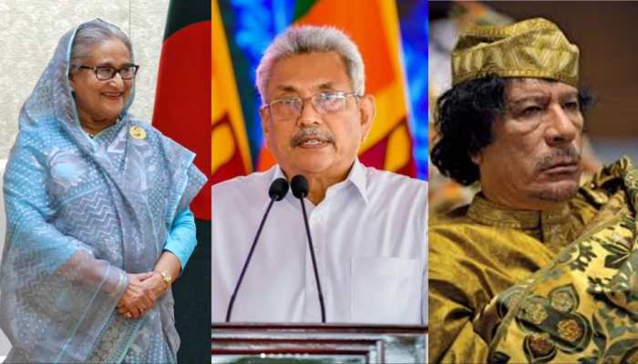 Sheikh Hasina, Gotabaya Rajapaksa and Muammar Gaddafi (Photo Credit: IANS)