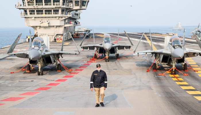 Prime Minister Narendra Modi on the Indian Naval Ship INS Vikrant, in Goa on Monday. (Photo courtesy: @narendramodi X/ANI Photo)