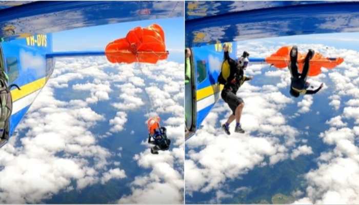Viral Video: Skydiver Left Dangling 15,000 Ft After Parachute Snags Plane Tail; Hook Knife Saved Him