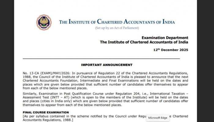 ICAI CA May 2026 Datesheet Released At eservices.icai.org- Check Foundation, Inter, Final Exam Schedule Here