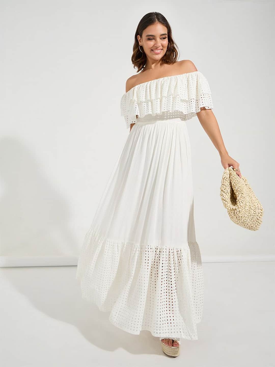 Styli Women Off Shoulder Schiffli Tiered Pure Cotton Maxi Length Dress Styli Women Off Shoulder Schiffli Tiered Pure Cotton Maxi Length Dress