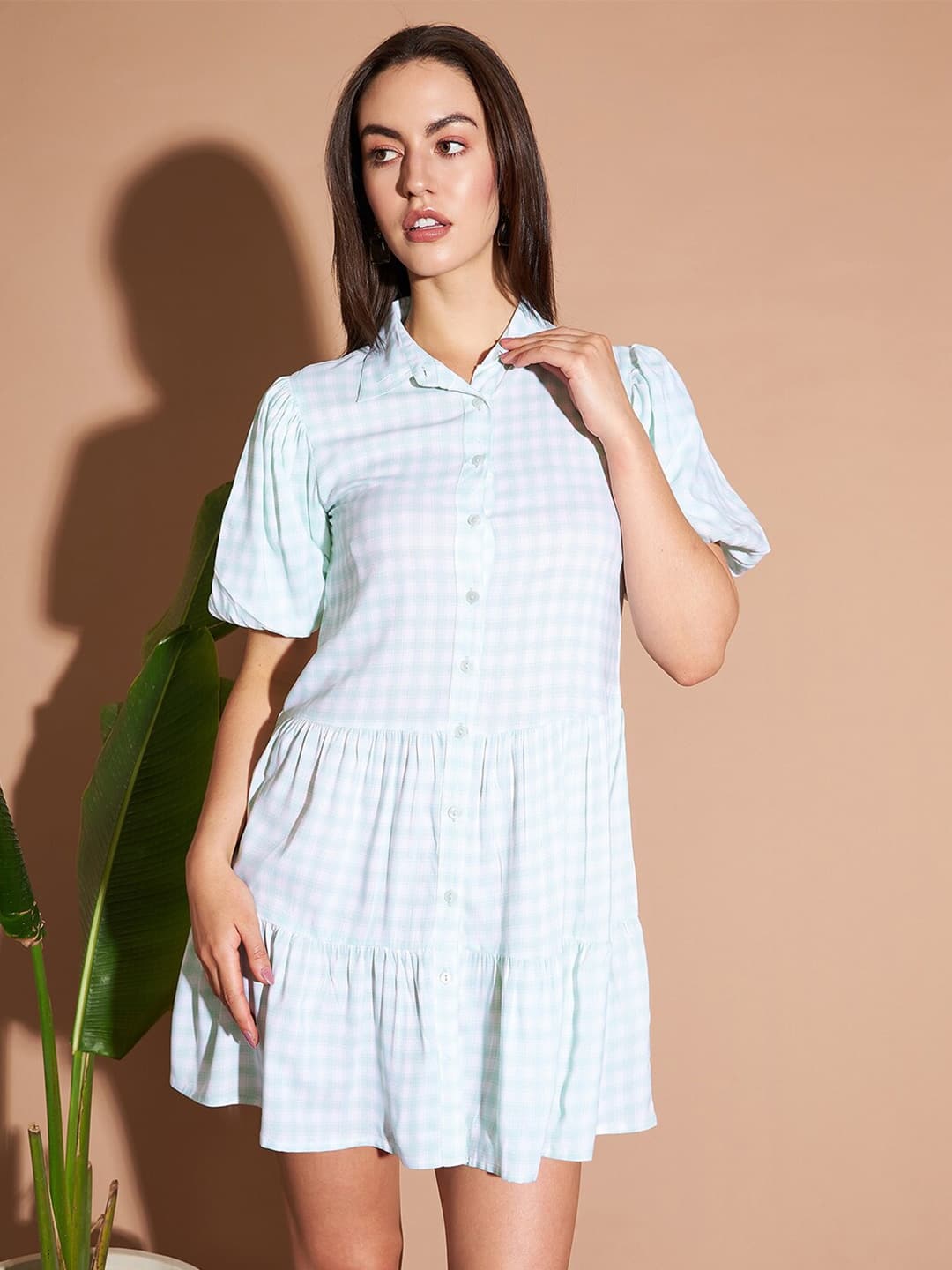 Marie Claire Green &amp; White Checked Puff‑Sleeves Shirt Dress