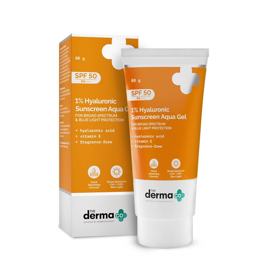 The Derma Co Sunscreen - SPF 50 PA++++ 1% Hyaluronic Sunscreen Aqua Gel Lightweight, No white-cast for Broad Spectrum (80 g) The Derma Co Sunscreen - SPF 50 PA++++ 1% Hyaluronic Sunscreen Aqua Gel Lightweight, No white-cast for Broad Spectrum (80 g)