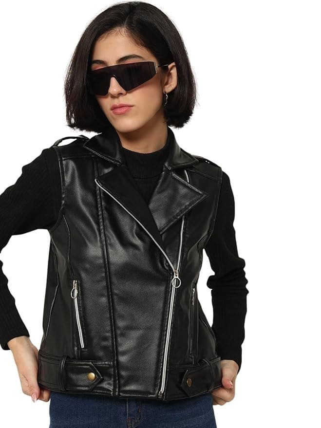 Tandul Solid Black Sleeveless Faux Leather Jacket