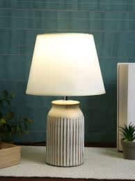 TAYHAA White &amp; Brown Textured Ceramic Contemporary Frusturical Shaped Table LampTAYHAA White &amp; Brown Textured Ceramic Contemporary Frusturical Shaped Table Lamp