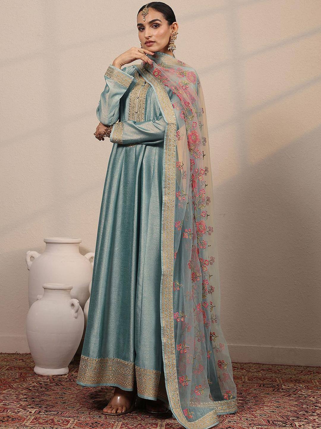 Libas Embroidered Sequinned Silk A-Line Maxi Dress With Dupatta