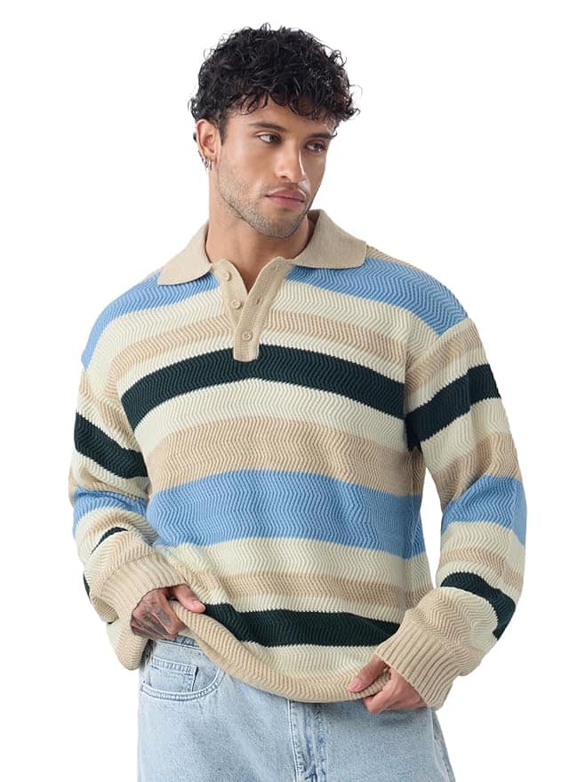 The Souled Store Textured Pullover – Striped Comfort with Class The Souled Store Textured Pullover – Striped Comfort with Class