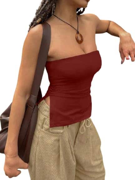 TIVANTE Solid Summer Tube Top with Side Slit Hem