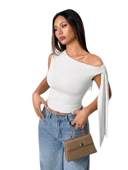 TIVANTE Solid Asymmetrical Shoulder Tie Strap Crop Top for Women