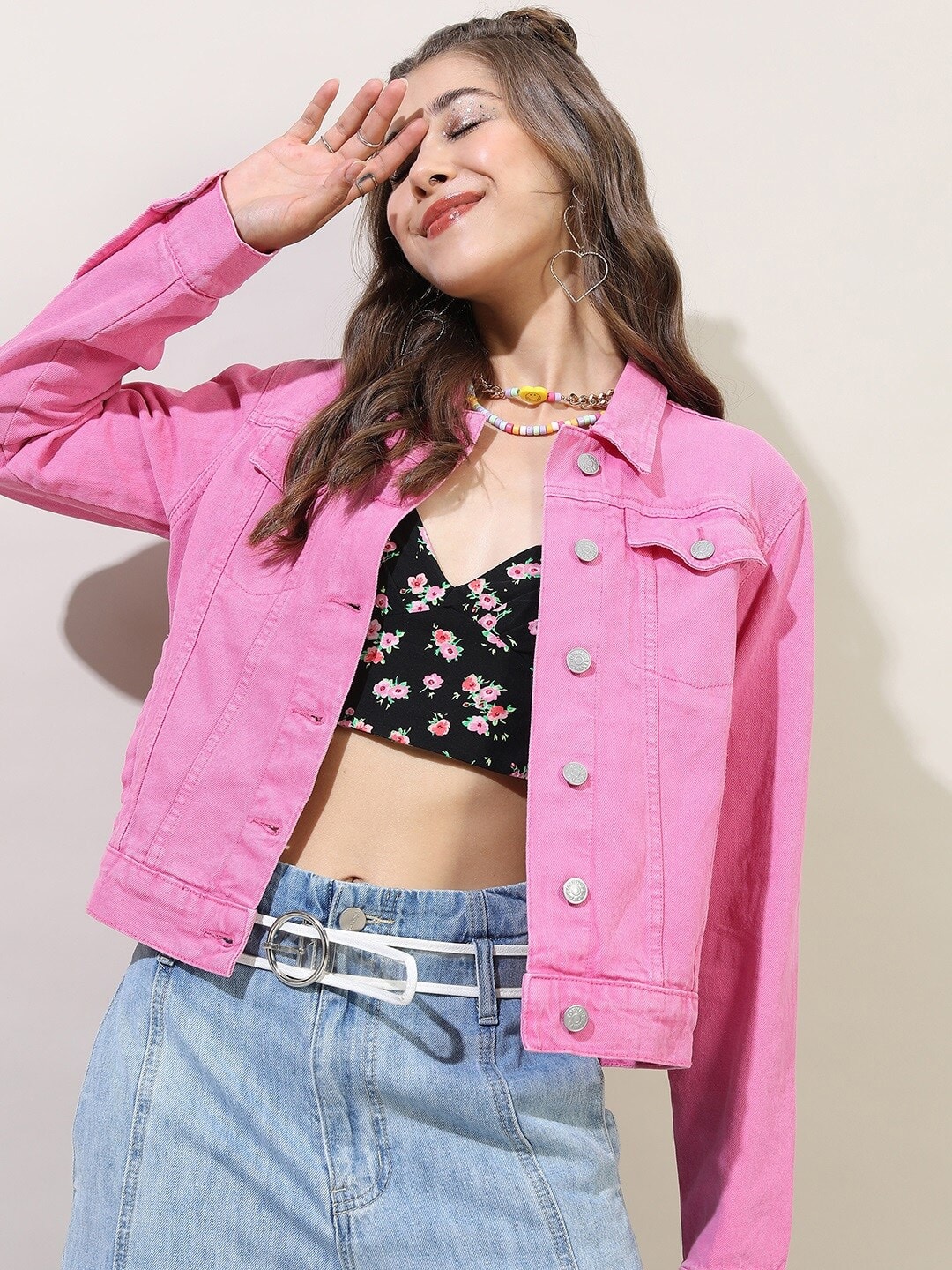 Tokyo Talkies – Women Pink Kobi Solid Denim Jacket Tokyo Talkies – Women Pink Kobi Solid Denim Jacket