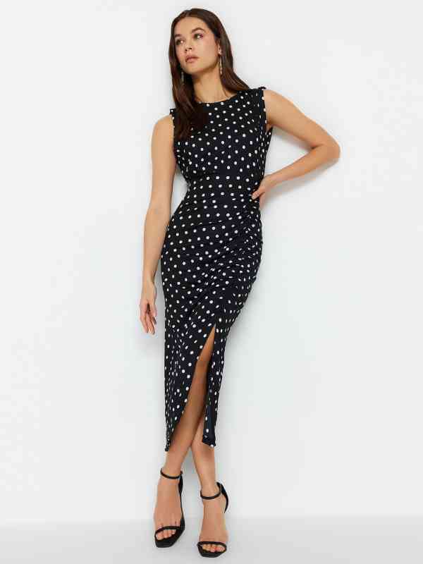 Trendyol Polka Dot Printed One-Shoulder Sheath Midi Dress