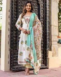 KALINI Women Floral Printed Angrakha Pure Cotton Kurta with Pyjamas & With Dupatta KALINI Women Floral Printed Angrakha Pure Cotton Kurta with Pyjamas & With Dupatta