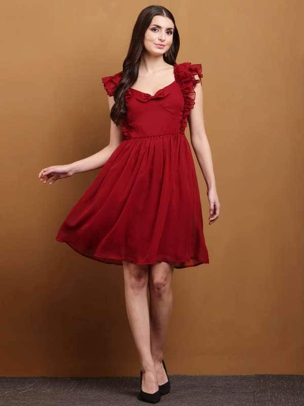 Tushita Flutter Sleeve Ruffled Georgette Fit &amp; Flare Dress