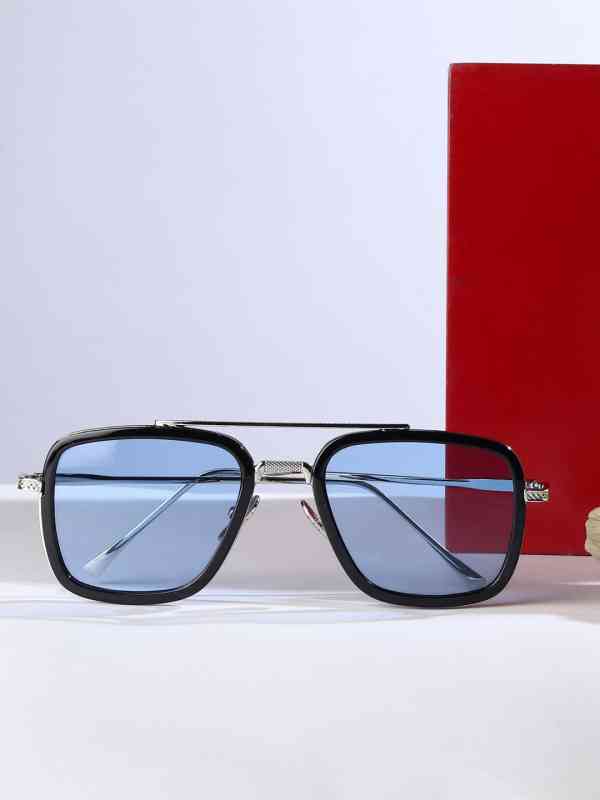 Mast &amp; Harbour Men Blue Lens &amp; Silver-Toned Square Sunglasses With UV Protected Lens