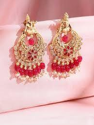 Rubans 18K Mehandi Gold-Plated Red Beaded & Pearl Accented Traditional Chandbali Earrings Rubans 18K Mehandi Gold-Plated Red Beaded & Pearl Accented Traditional Chandbali Earrings