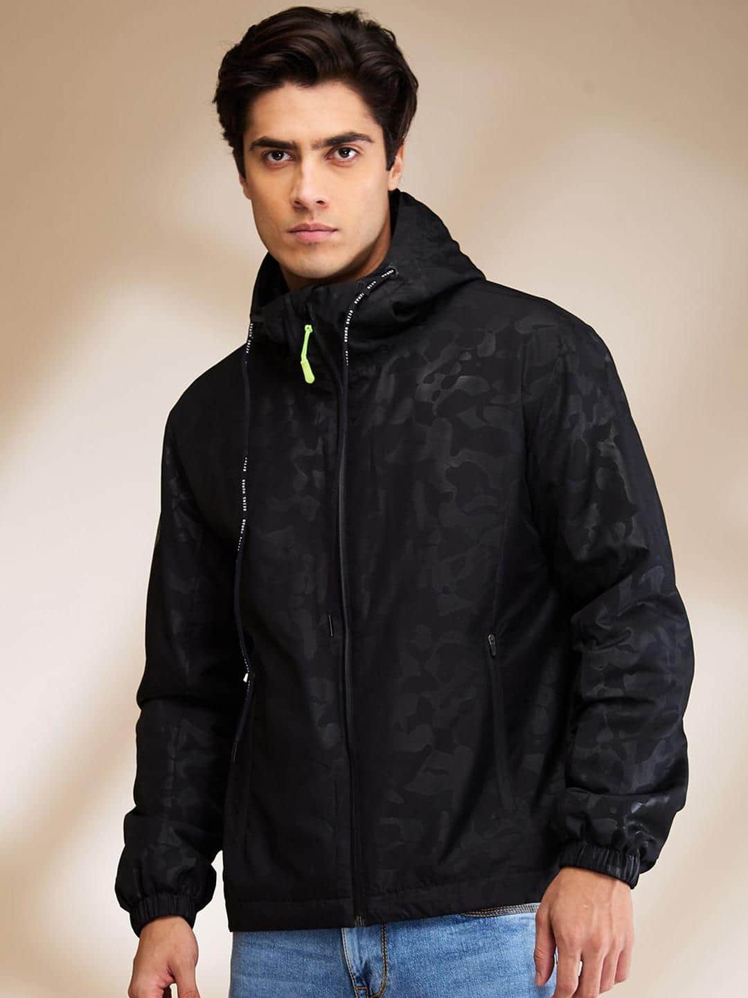 Being Human Men Black Cotton Hooded Neck Long Sleeves Camouflage Biker Jacket Being Human Men Black Cotton Hooded Neck Long Sleeves Camouflage Biker Jacket