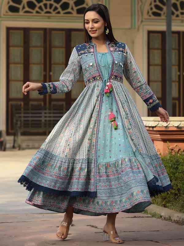  Juniper Blue Printed Cotton Maxi Dress With Jacket