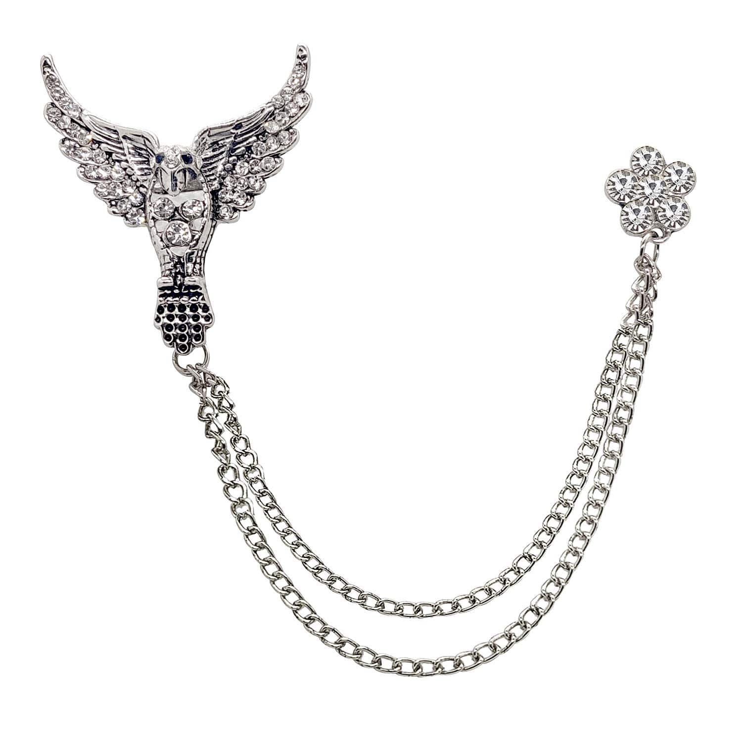  SYGA Men Silver-Plated Stone Studded Lapel Pin Chain Tassel Brooch