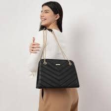 Fastrack Black Quilted Shoulder Bag with Dual Gold Chain Straps and Zipper Compartment