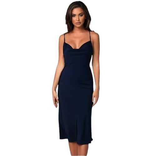 URGE Women’s Navy Satin Cowl Neck Midi Dress