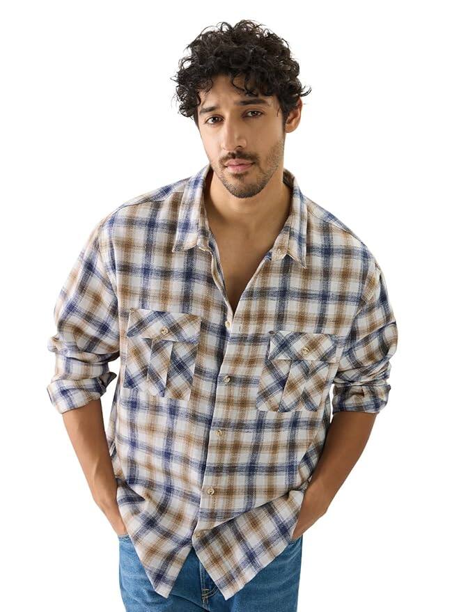 The Souled Store Plaid: Khaki Long Sleeve Collared Neck Button Front Regular Fit Cotton Utility Shirts The Souled Store Plaid: Khaki Long Sleeve Collared Neck Button Front Regular Fit Cotton Utility Shirts
