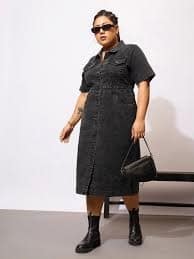 SASSAFRAS Curve Plus Size Shirt Collar Acid Wash Denim Shirt Midi Dress SASSAFRAS Curve Plus Size Shirt Collar Acid Wash Denim Shirt Midi Dress