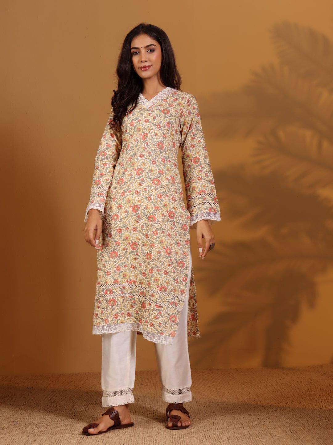 Varanga Off White Ethnic Floral Printed V Neck Flared Sleeves Lace Pure Cotton Kurta Varanga Off White Ethnic Floral Printed V Neck Flared Sleeves Lace Pure Cotton Kurta