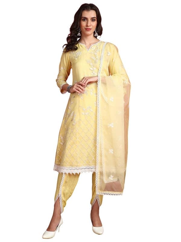 Vaamsi Women’s Organza Solid Embroidered A-Line Kurta Dhoti With Dupatta Vaamsi Women’s Organza Solid Embroidered A-Line Kurta Dhoti With Dupatta
