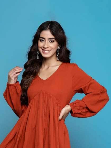 Varanga – Rust Alia Cut Puff Sleeve Midi Dress Varanga – Rust Alia Cut Puff Sleeve Midi Dress
