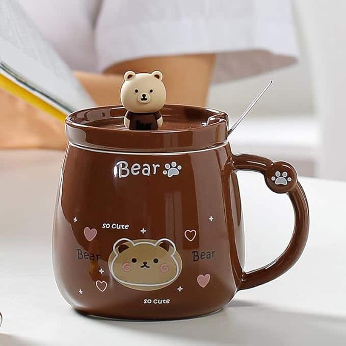 Vasukie Panda Coffee Mug with Lid &amp; Glass Spoon