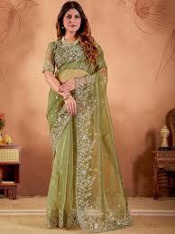  NEW THE HOUSE OF QUALITY Floral Embroidered Organza Designer Tussar Saree