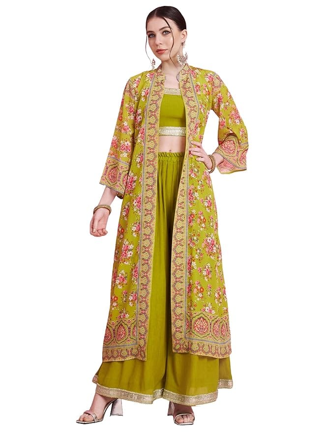 Vbuyz Women's Lace Work Straight Georgette Crop Top Palazzo with Shrug
