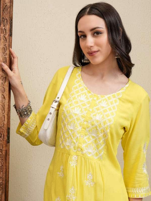Vishudh Yellow Floral Embroidered Kurta with Palazzos