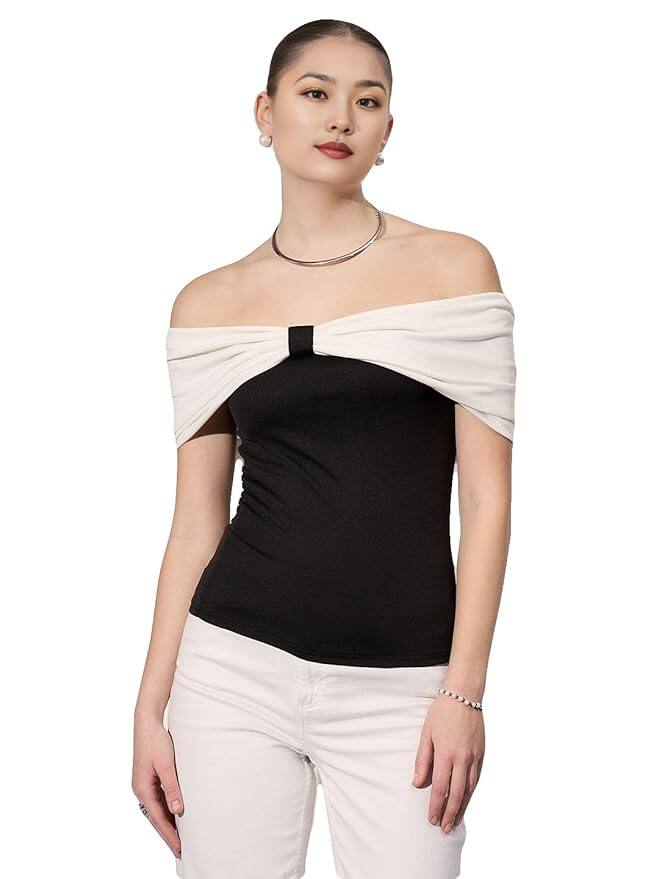 VOGARD Women's Off-Shoulder Black Top with Front Twist Knot