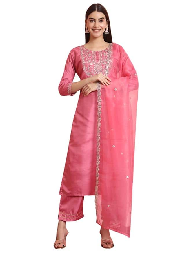 3. VredeVogel Women's Silk Blend Embroidered Kurta with Pant &amp; Dupatta Set