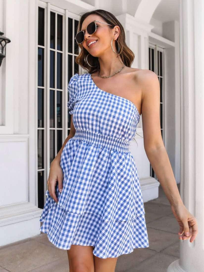 StyleCast Blue &amp; White Checked One-Shoulder Dress