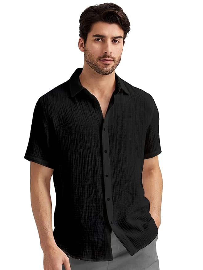 WEBRIC Men’s Solid Cotton Blend Shirt (Black)