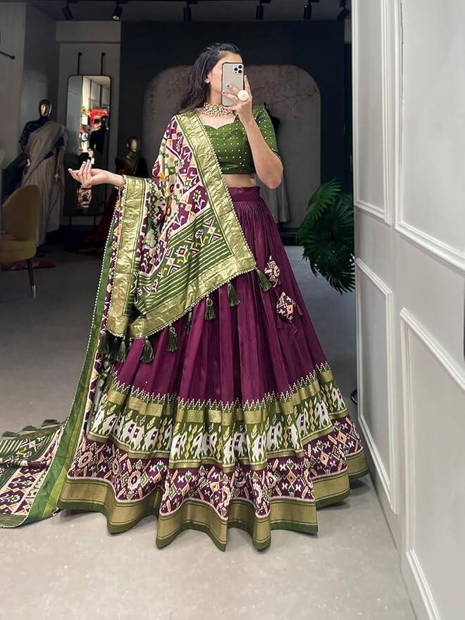 Welk Fashion Women's Tussar Silk with Leheriya &amp; Foil Print Lehenga Choli
