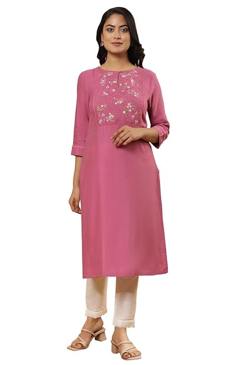W for Woman Pink Solid Rayon A-Line Kurta