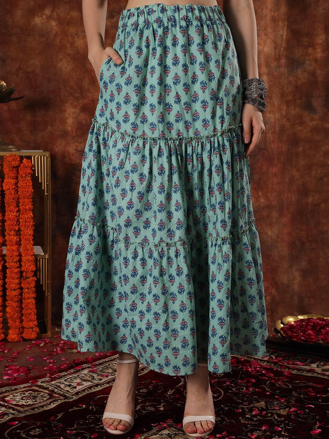 NEUDIS Women Printed Flared Pure Cotton Maxi Skirt